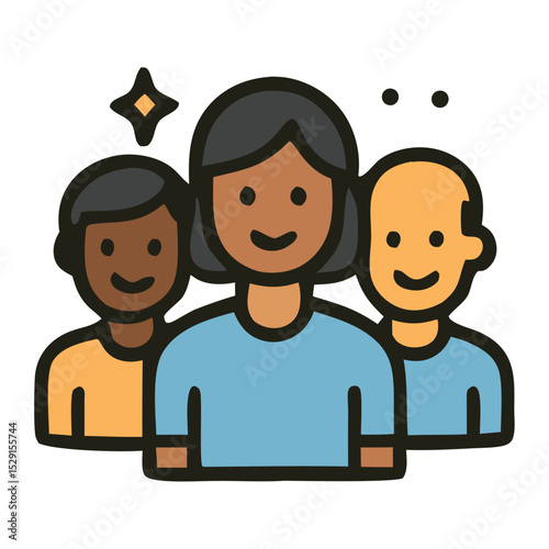 Diversity team icon with three smiling diverse people ideal for illustrating teamwork and collaboration in business presentations or marketing materials.