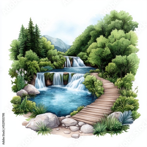 Serene Forest Landscape with Waterfalls and Pathway in Nature