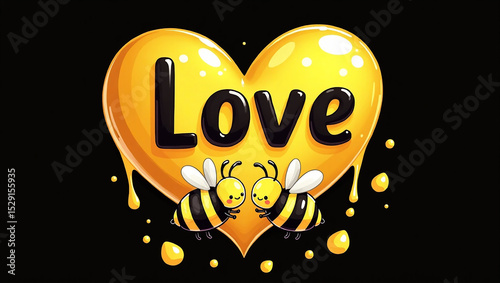 Cartoon illustration features two bees under a dripping heart of honey with the word 