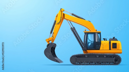 Excavator Machinery Equipment on Blue Background with Articulated Arm