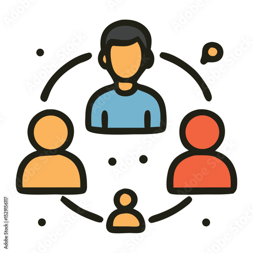Social connection icon team leader connects with three diverse team members collaboratively. Suitable for teamwork, leadership, diversity, communication concepts.
