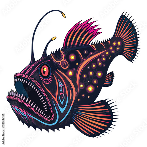 A bioluminescent anglerfish, psychedelically patterned with vibrant glowing colors, swims in deep ocean darkness.
