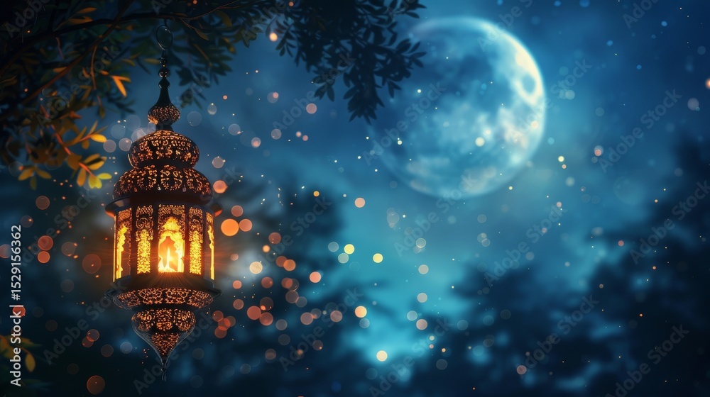 Fototapeta premium An ornate lantern casts a warm glow in a mystical night setting, framed by trees and the luminous moon, creating a sense of wonder and tranquility in nature.