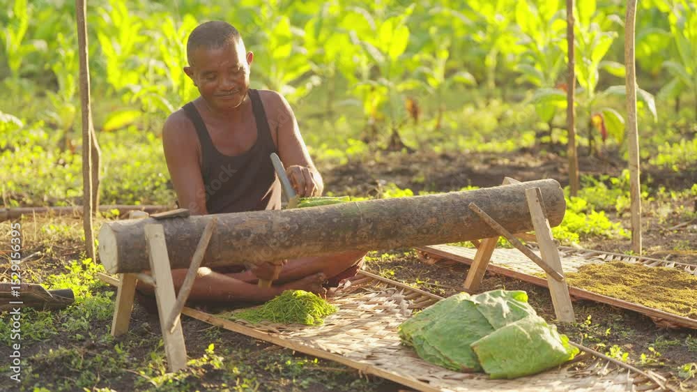 A tobacco farmer manually cutting harvested tobacco leaves, sun drying, traditional farming tool in rural Indonesia, asia, southeast asia agriculture, smallholder, manual labor