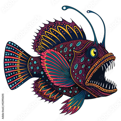 Render a psychedelic anglerfish, its bioluminescent patterns vibrant and swirling, in a deep-sea setting.  Detail its intricate glowing features.