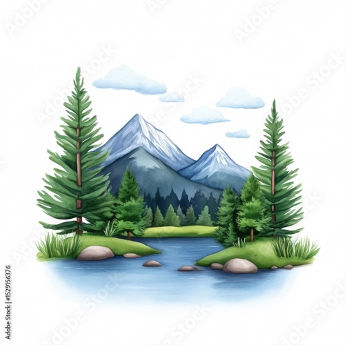 Serene Landscape with Pine Trees, Mountains, and Calm Water Reflection