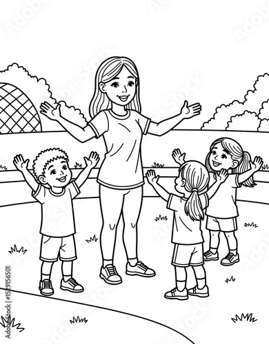 Teacher demonstrating exercises to children outdoors in a park  