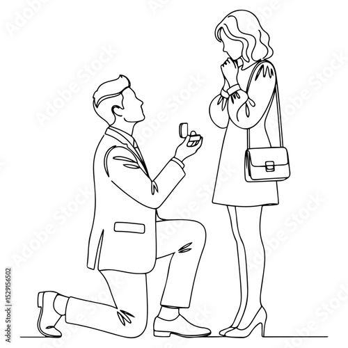 Minimalist line drawing of a man proposing to woman, offering an engagement ring while kneeling. vector illustration