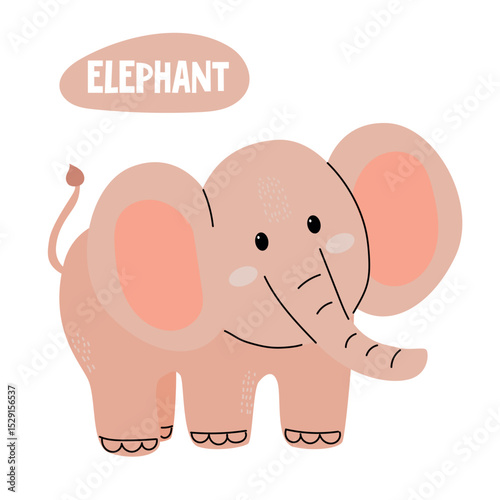 A cute cartoon elephant with large ears and a friendly expression. The elephant is light pink with a small tail and stands on a simple background.