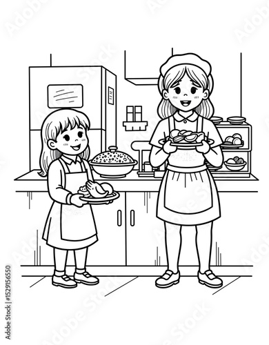 Woman and girl serving lunch in kitchen - Concept of Back to School - coloring page for kids 5 - 8 years old  