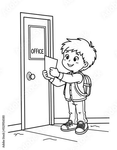 Boy delivering note to office while smiling in black and white coloring page  