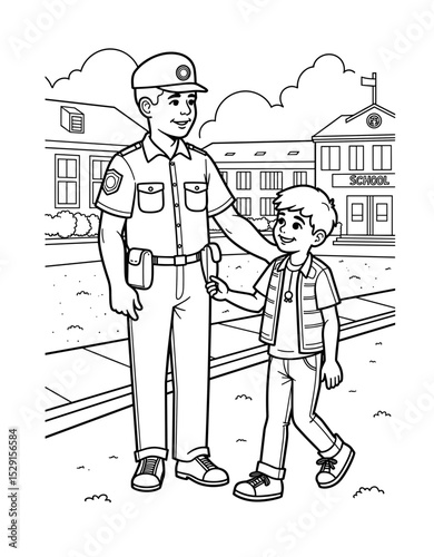 Police officer helping a boy walk to school in a safe environment - Concept of Back to School - coloring page for kids 5 - 8 years old  