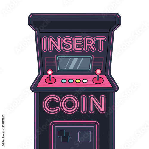 Retro pink neon arcade game machine displaying "Insert Coin" glows brightly against a dark background.  Detailed illustration needed.