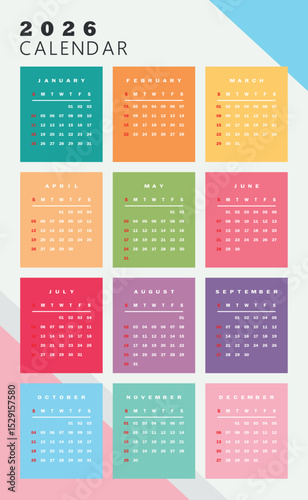 2026 Calendar with Monthly Views. A colorful and organized 2026 calendar, with each month displayed in a separate box.	