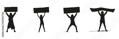 People Holding Banners Silhouette Set. Protest And Activism Symbol Collection. Social And Political Awareness Use. Isolated Vector Illustration