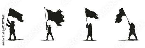 Flag Bearer Silhouettes In Icon Set. Protest And Activism Symbol Collection. Social And Political Movement Use. Isolated Vector Illustration