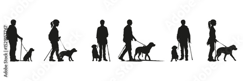 People Walking Dogs Silhouette Set. Pet Care And Outdoor Activity Symbol Collection. Recreational And Lifestyle Use. Isolated Vector Illustration