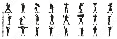 Protest And Activism Silhouette Set. Demonstration And Social Movement Symbol Collection. Political And Educational Use. Isolated Vector Illustration