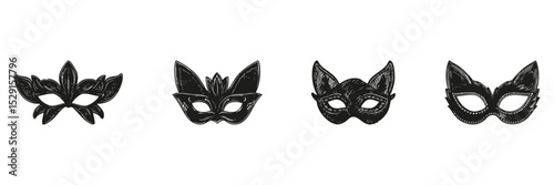 Masquerade Mask Silhouette Set. Festive And Costume Party Accessory Collection. Event And Celebration Use. Isolated Vector Illustration