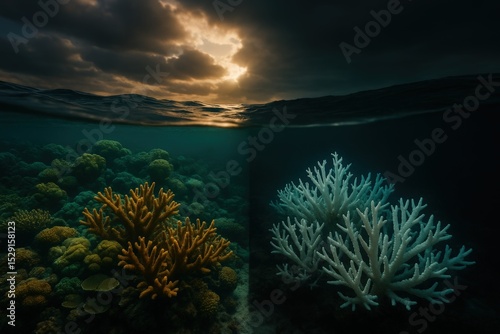 Coral reef transformation: vibrant to bleached under oceanic contrast