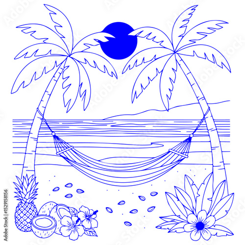 Tropical beach scene with two palm trees, hammock and sun, line art drawing. vector illustration