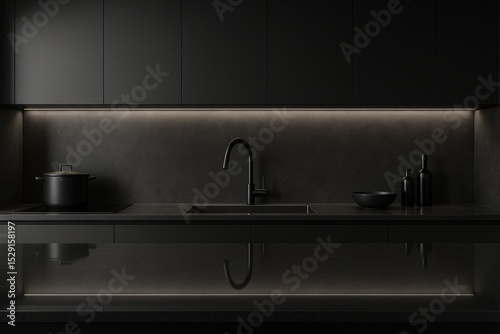 Sleek monochrome modern kitchen design with minimalist aesthetic and ambient lighting