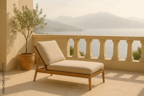 Tranquil balcony oasis with elegant lounger and scenic mountain view for relaxation