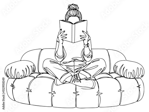 Women sitting on a rounded sofa with engrossed in reading a book, simple line drawing. Vector illustration