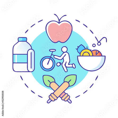 Healthy Lifestyle Vector Icon Set Fitness, nutrition, exercise, wellness, sleep, yoga, meditation, heart rate, gym, hiking, cycling, sports, health monitoring icons