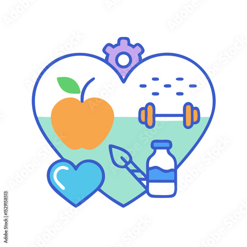 Healthy Lifestyle Vector Icon Set Fitness, nutrition, exercise, wellness, sleep, yoga, meditation, heart rate, gym, hiking, cycling, sports, health monitoring icons