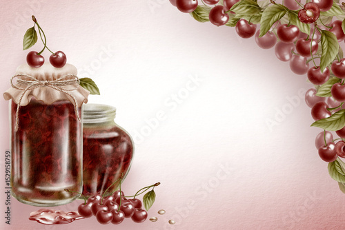 Template with glass jam jars with a textile lid and a twine bow,cherries with leaves and twigs,cherry pitted and a puddle of jam.Watercolor handdrawn for cookbooks, seasonal arrangements.
