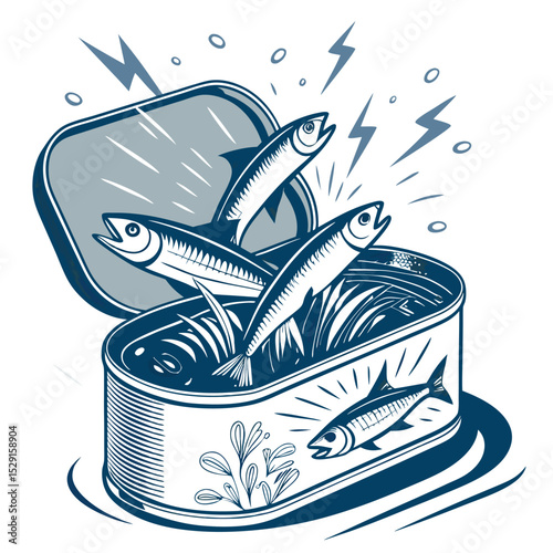 A stylized sardine can bursting open, revealing vibrant, cartoonish sardines leaping out.  ISO 1 compliant image.