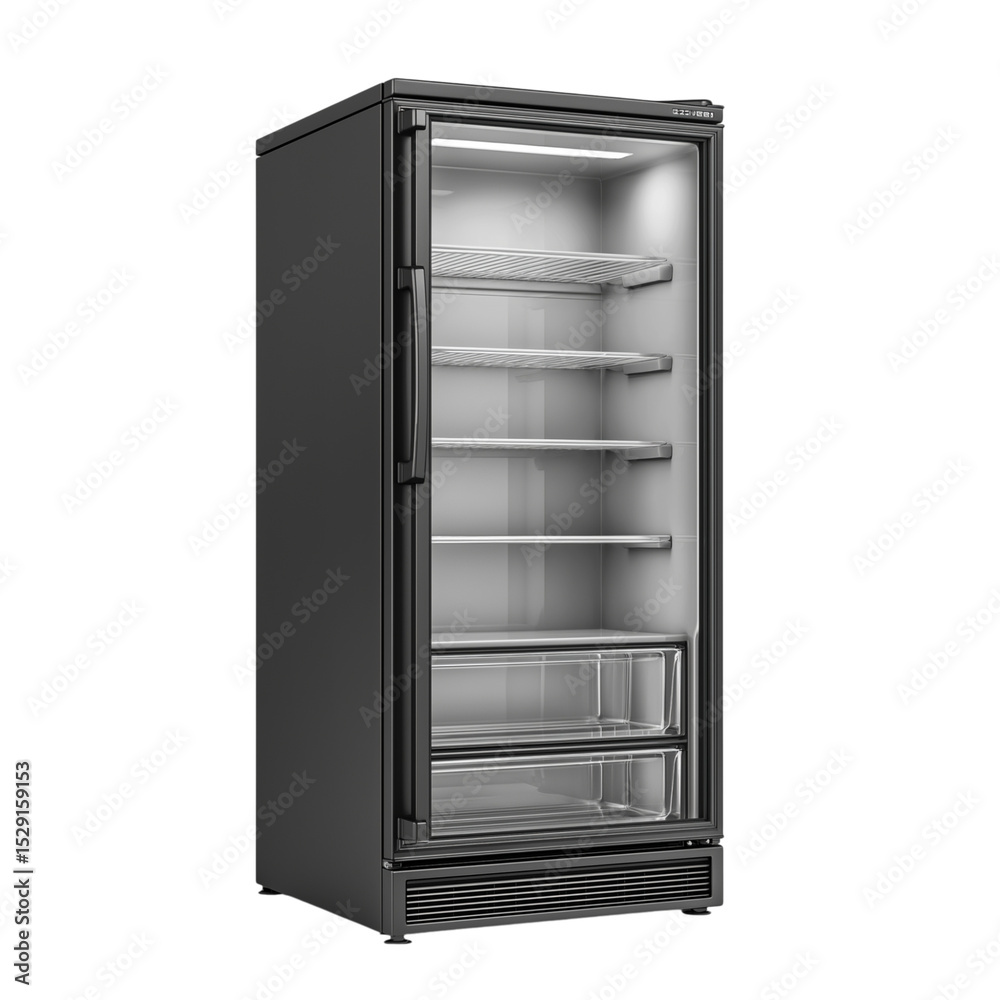 Stainless steel commercial fridge isolated on white, ideal for food industry, catering, and appliance ads Stainless steel commercial fridge isolated on white, ideal for food industry, catering, and appliance ads