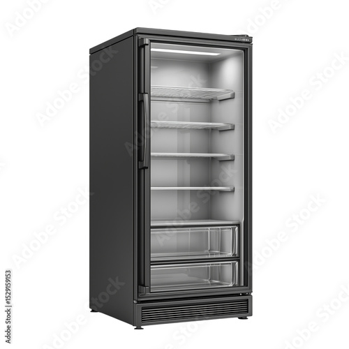 Stainless steel commercial fridge isolated on white, ideal for food industry, catering, and appliance ads