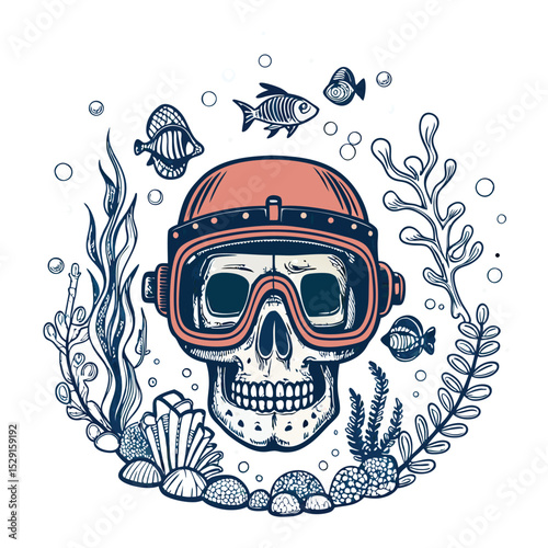 A detailed, hyperrealistic image of a scuba diver's skull adorned with vibrant coral, surrounded by playful bubbles and diverse marine life, showcasing a captivating underwater scene.
