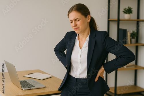 Businesswoman backache : Young business woman suffering backache and feel hurt when working on laptop computer at office