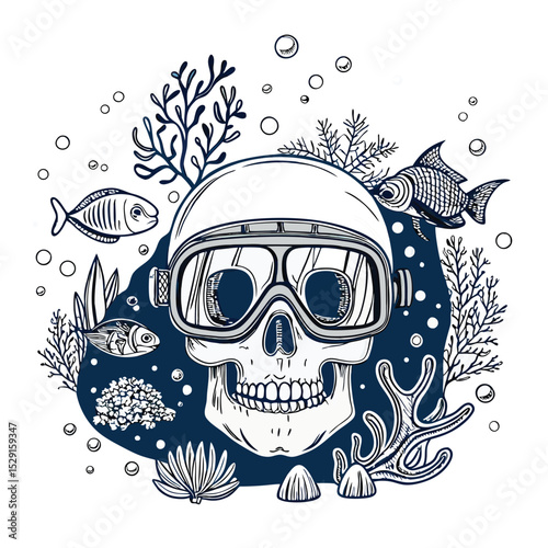 A detailed illustration of a scuba diver's skull amidst vibrant coral, surrounded by playful sea creatures and rising bubbles, evoking a sense of underwater mystery.