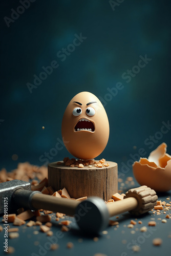 A cartoon egg with an angry face stands on a block with a hammer nearby, and bits of eggshell scattered around it. This image is likely meant to convey feelings of fear, anxiety, or humor within Adobe