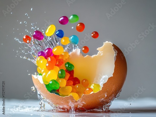 Colorful jellybeans spilling from cracked egg highspeed photography rainbow splashes