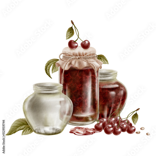 Glass jam jars with a textile lid and a twine bow, cherries with leaves and twigs,cherry pitted and a puddle of jam. Watercolor handdrawn isolated clip art for cookbooks, seasonal arrangements.