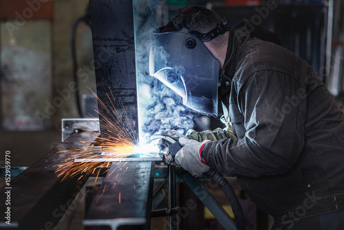 Soudeur dans l'industrie en train de travailler avec un masque photo