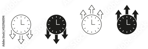 Clock With Arrows Line And Solid Icon Set. Time Management, Efficiency, And Productivity Symbol Collection. Directional Arrows Indicating Increase And Decrease. Isolated Vector Illustration