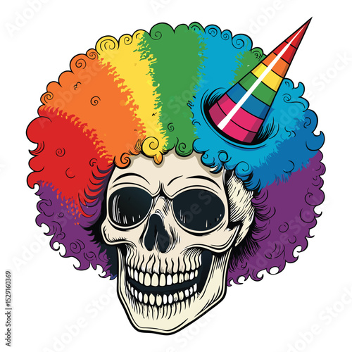 A whimsical illustration of a skull with a vibrant rainbow afro hairstyle, wearing party horns.  Isolated on a white background.