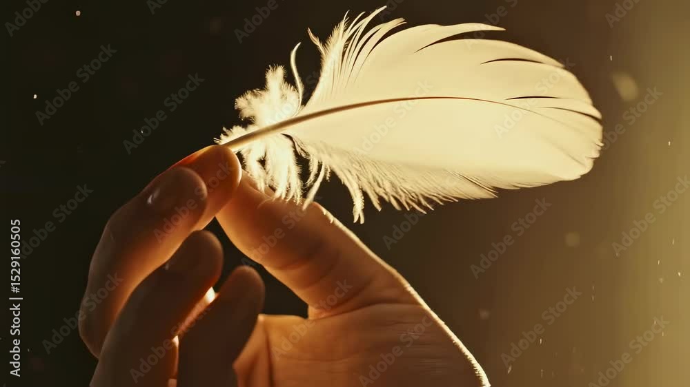 Hand holds soft white feather against dark background. Light shines on floating particles. Gentle touch and airy lightness concept.