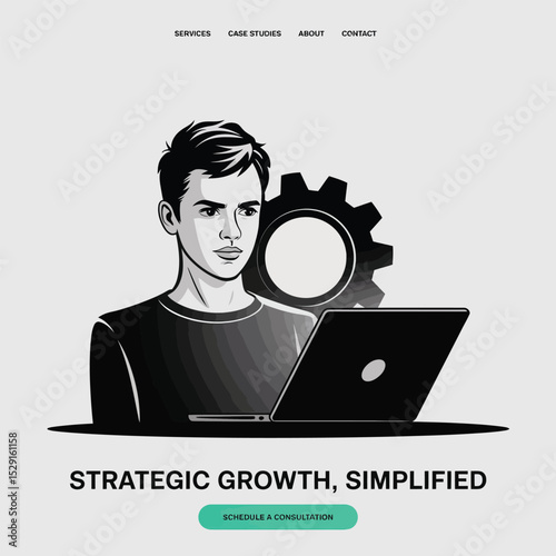 Young man working on laptop with gear icon strategic growth concept