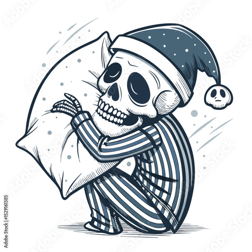A cute, sleepy skull in striped pajamas snuggles a plush pillow, isolated on white.  Digital painting style.