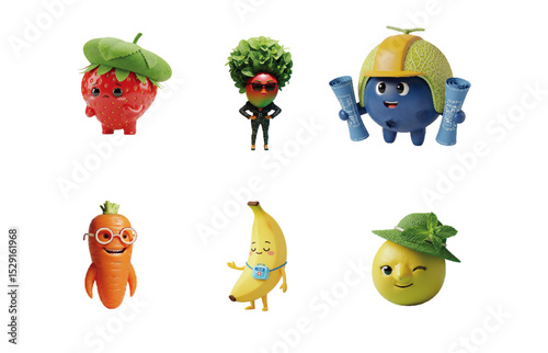 A collection of animated fruit and vegetables displaying distinct personalities and accessories, such as a lemon with a stylish hat, a blueberry architect, a banana with a camera
