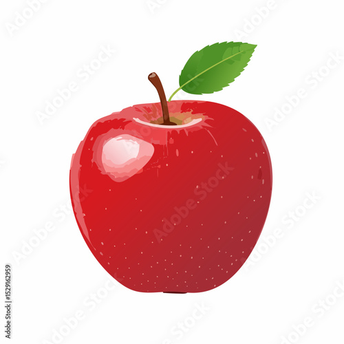 Realistic illustration of a ripe red apple with a green leaf isolated on white background