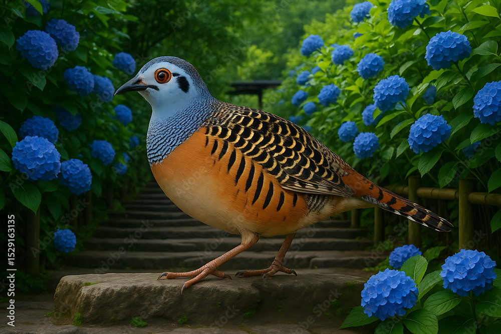 Obraz premium Vibrant Mountain Quail Amidst Lush Blue Hydrangeas on Stone Steps
