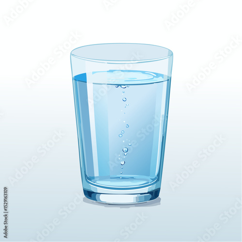 A transparent glass filled with clear water and bubbles on a light blue background